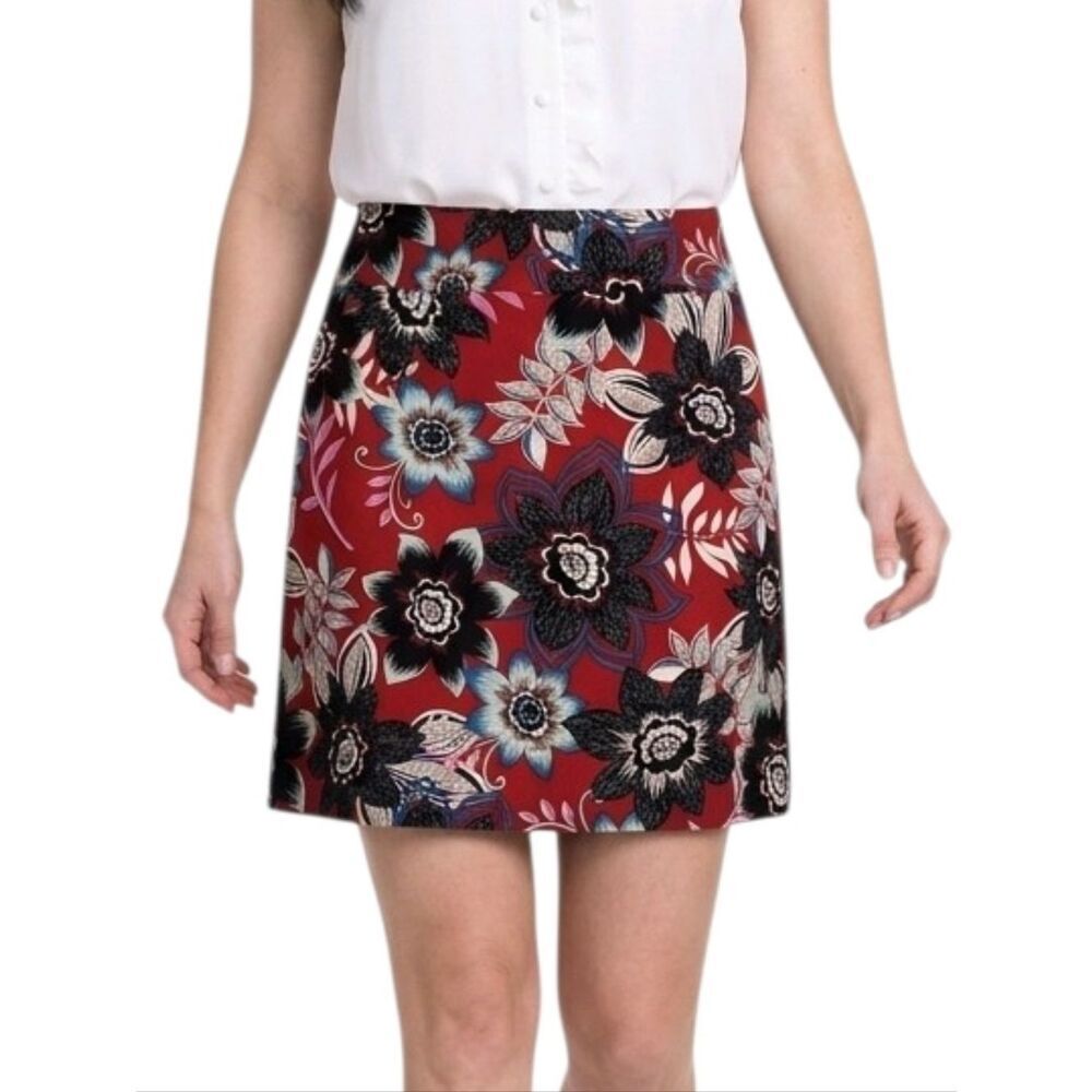 Talbots Red & Black Floral A-line Twill Skirt Size 10